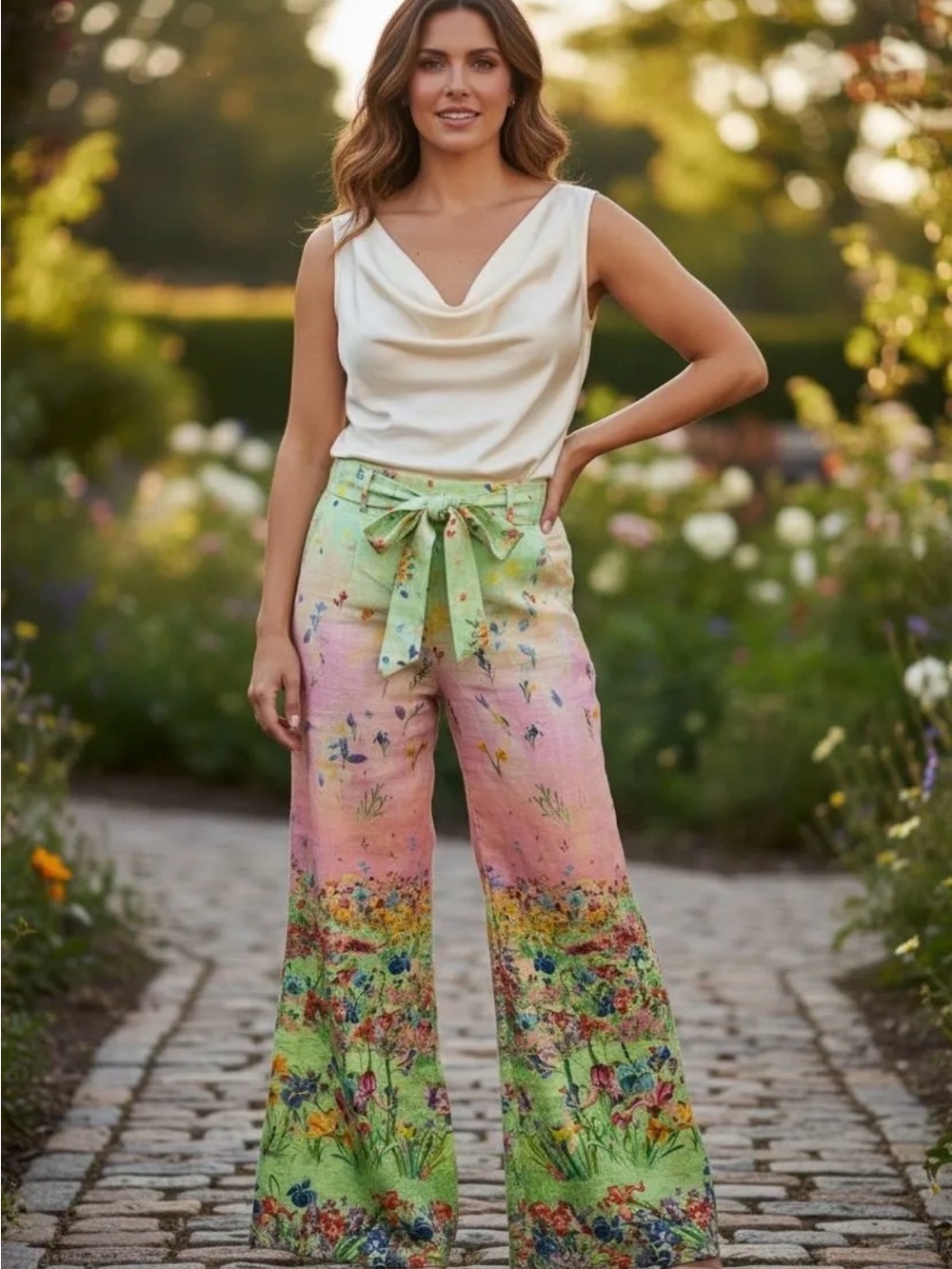New La Fuori Floral Ombre Wide-Leg Pants - Pink & Green